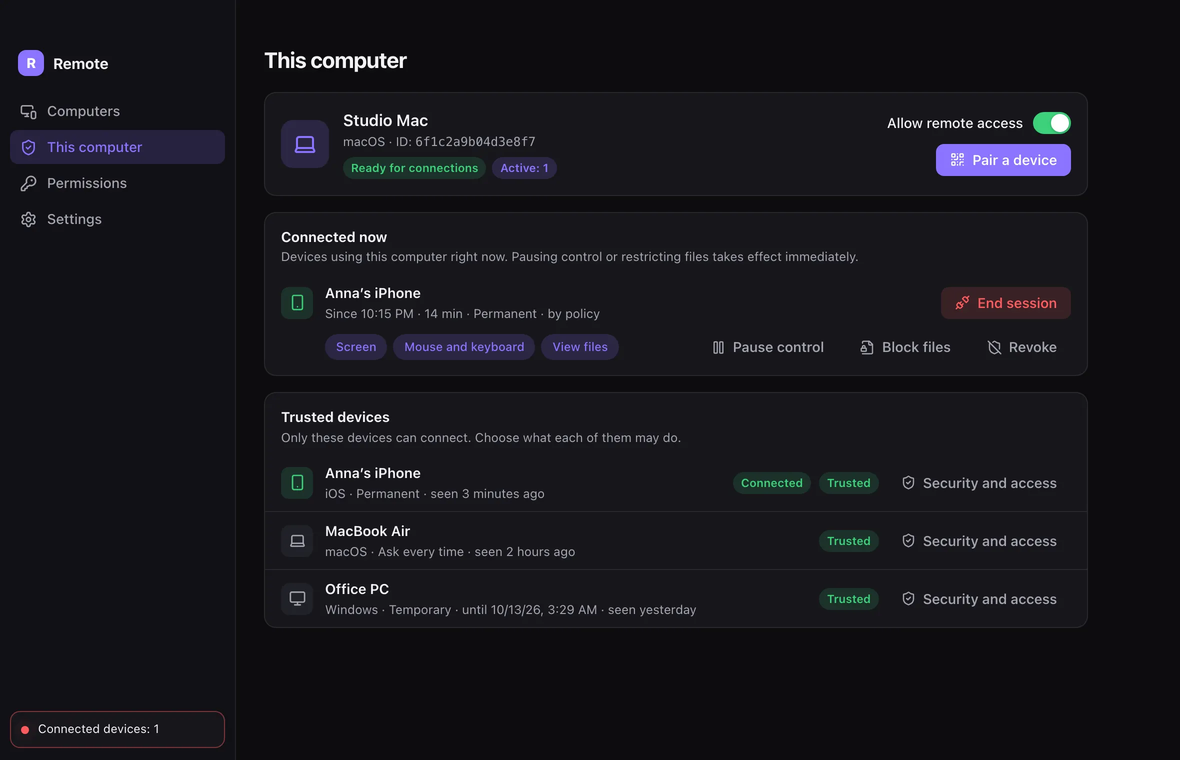 Remote desktop app: this computer, connected devices and trusted devices