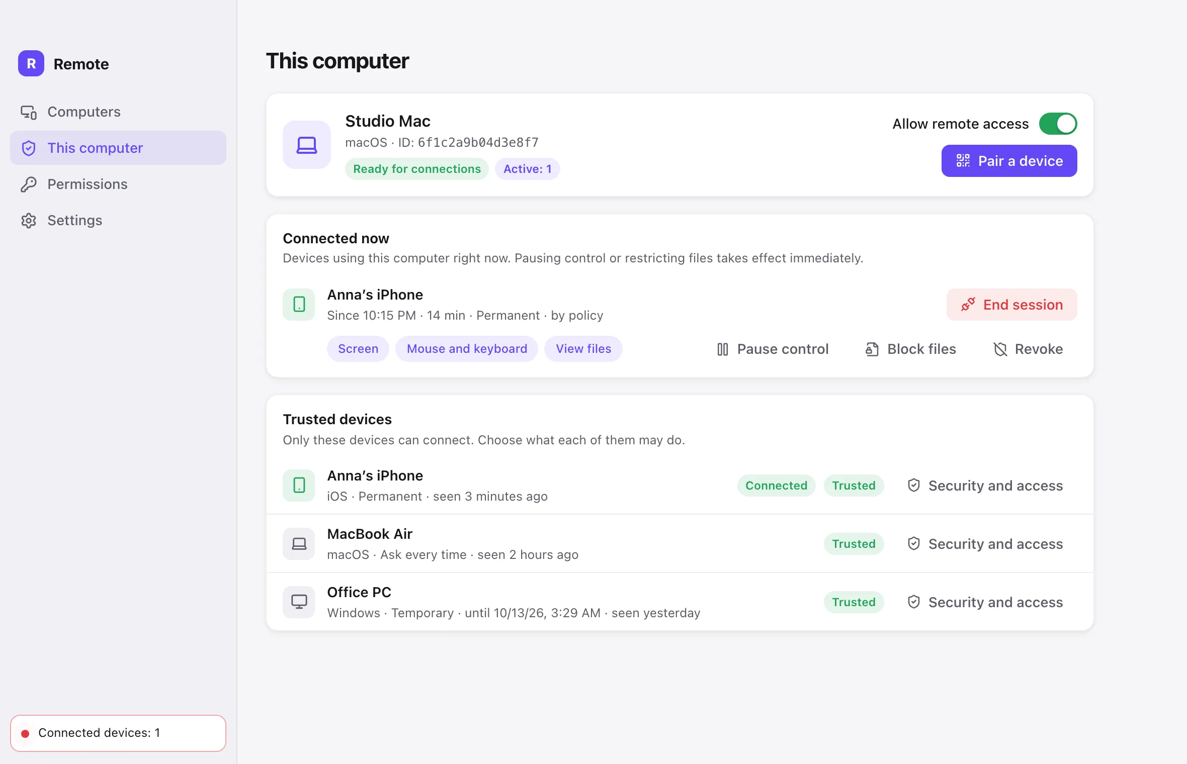 Remote desktop app: this computer, connected devices and trusted devices
