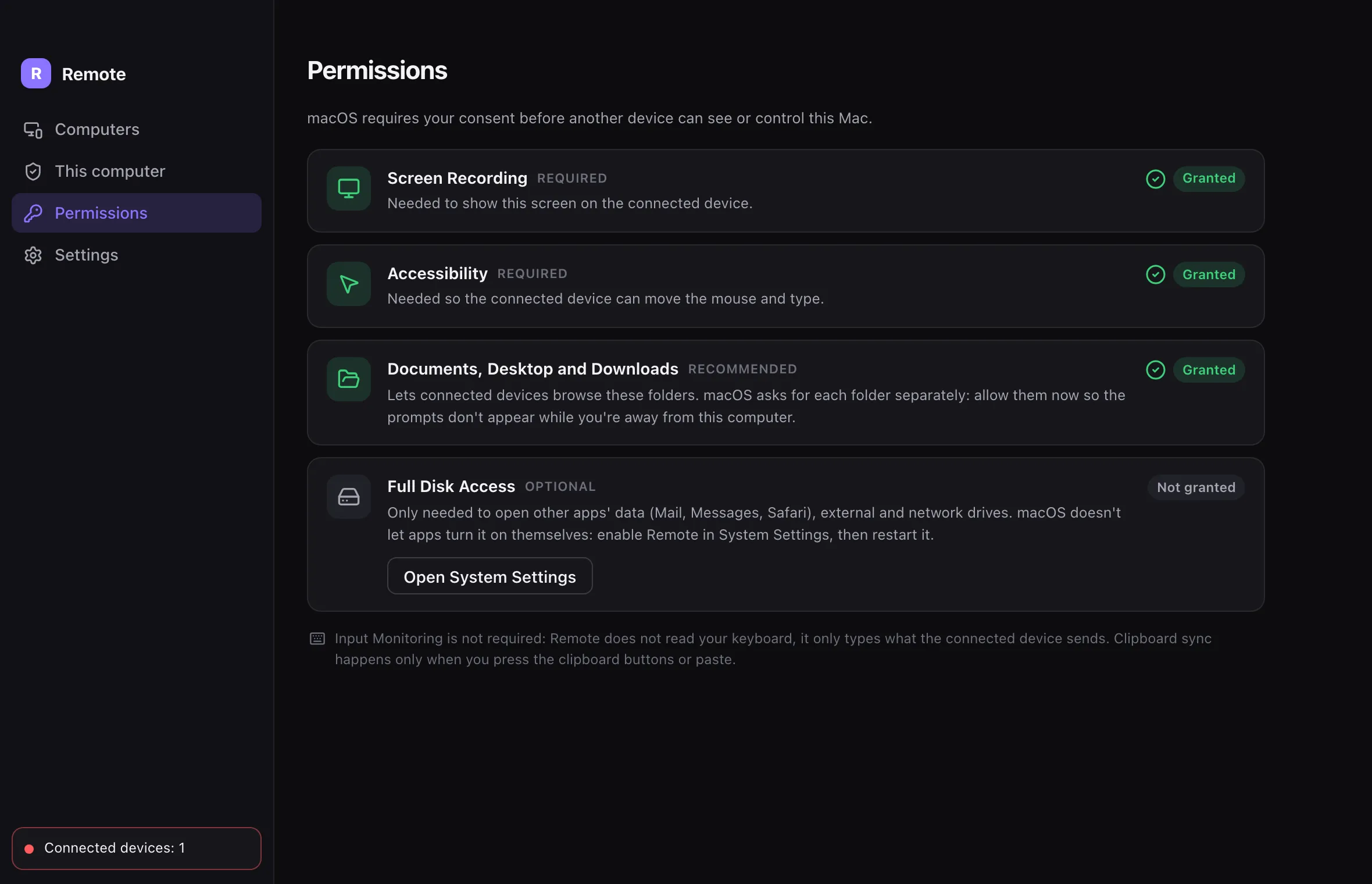 System permissions overview on macOS