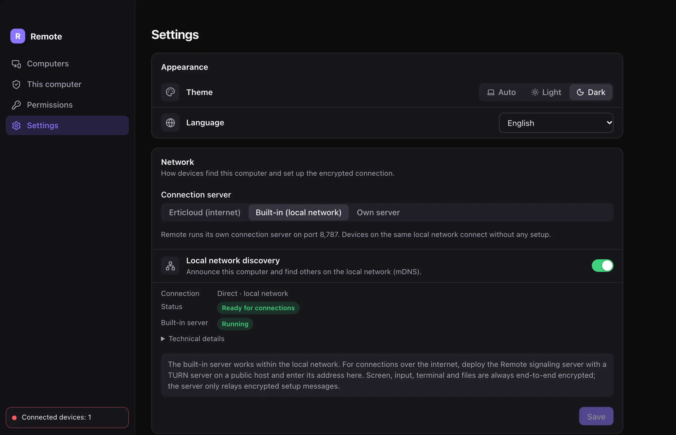 Network settings: built-in server and local network discovery