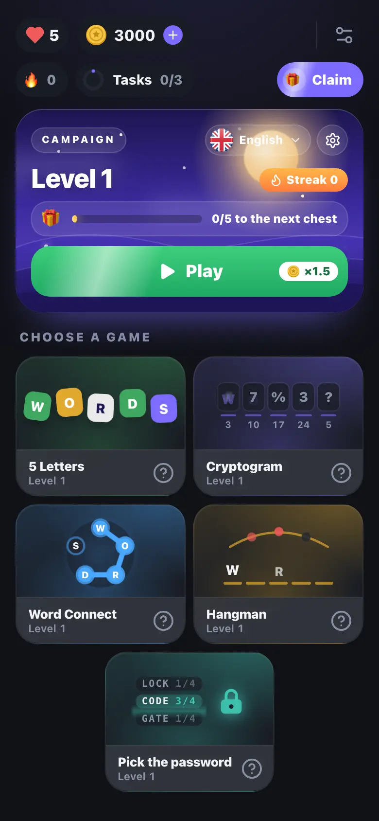 Worvli home screen with the campaign and five word games